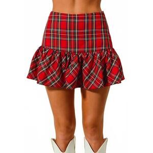 NEW SO ME mini plaid balloon skirt in red multi